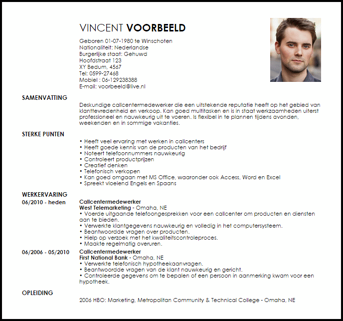 callcentermedewerker voorbeeld cv