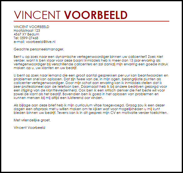 Sollicitatiebrief Callcentermedewerkers Motivatiebrief Vertegenwoordiger Binnen Callcenter Livecareer