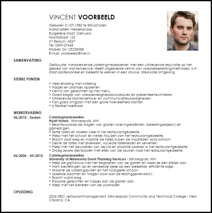 cateringmedewerker voorbeeld cv