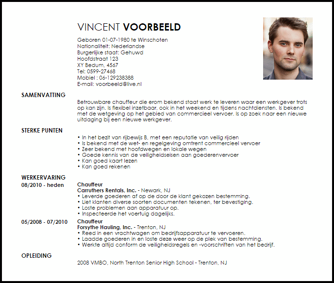 Voorbeeld Curriculum Vitae Chauffeur Livecareer