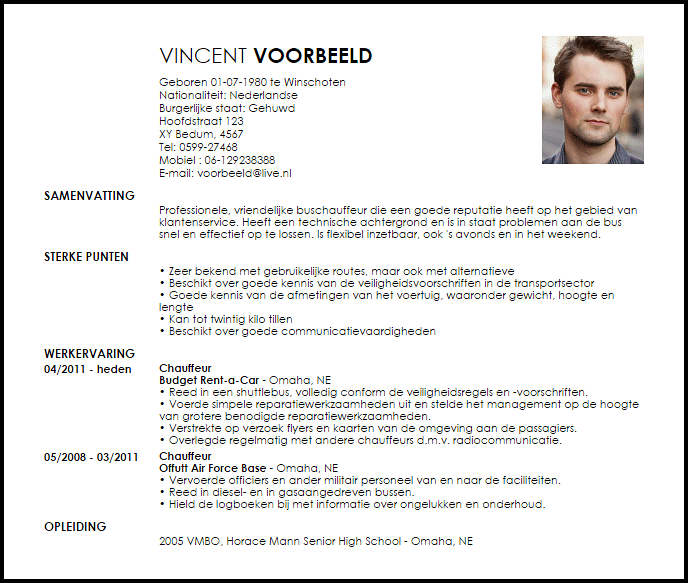 chauffeur voorbeeld cv