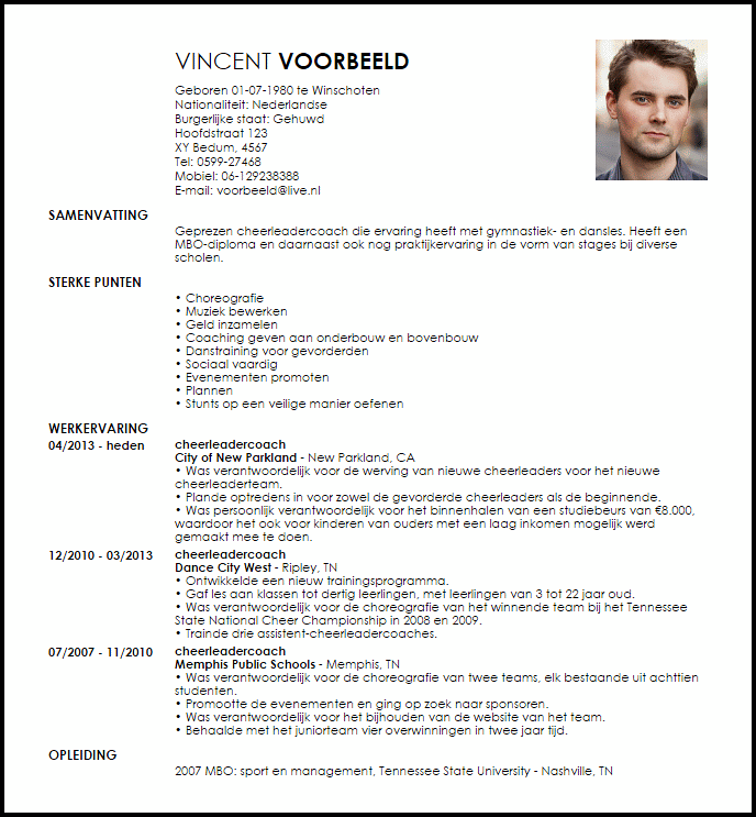 cheerleadercoach voorbeeld cv