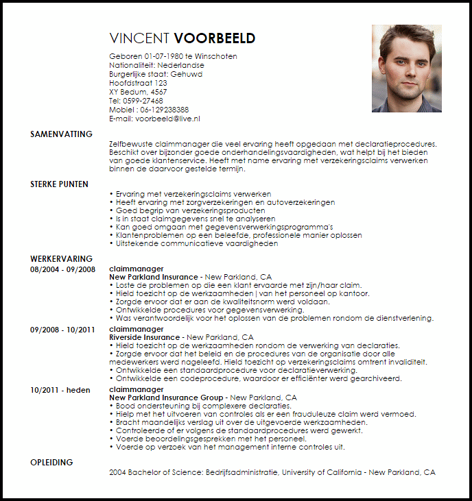 claimmanager voorbeeld cv