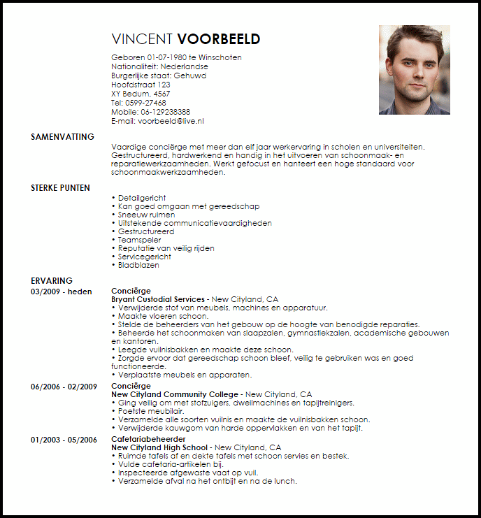 cleaning professionals custodian voorbeeld cv