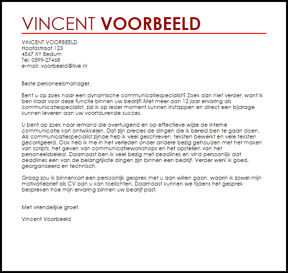 Voorbeeld Sollicitatiebrief Communicatiespecialist Livecareer