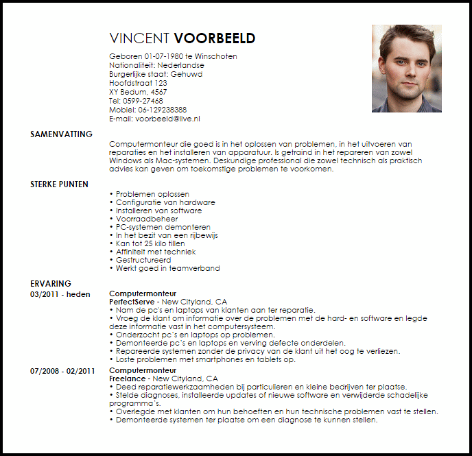 computer repair technician voorbeeld cv