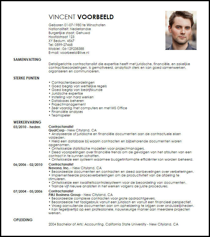 contractanalist voorbeeld cv