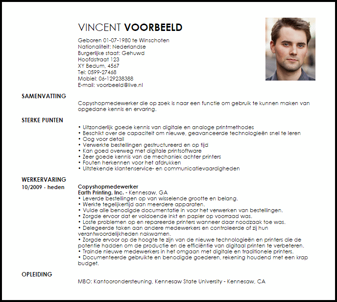 copyshopmedewerker voorbeeld cv