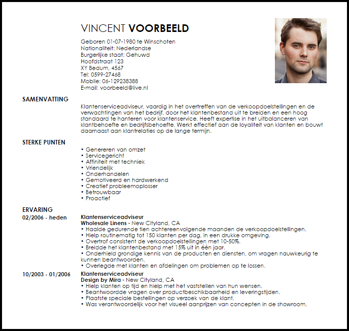 customer service advisor voorbeeld cv