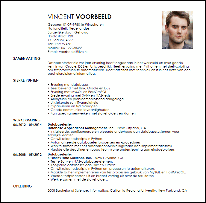 databasetester voorbeeld cv