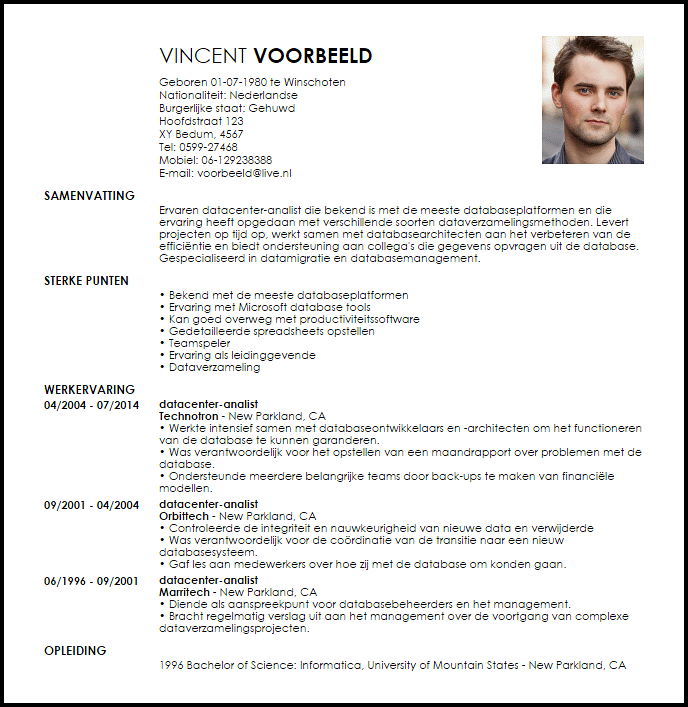 datacenter analist voorbeeld cv