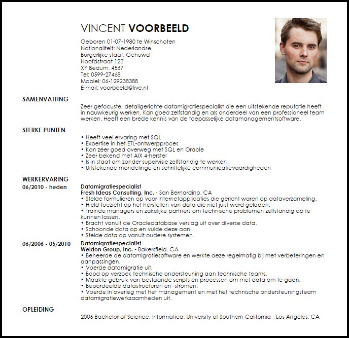 datamigratiespecialist voorbeeld cv