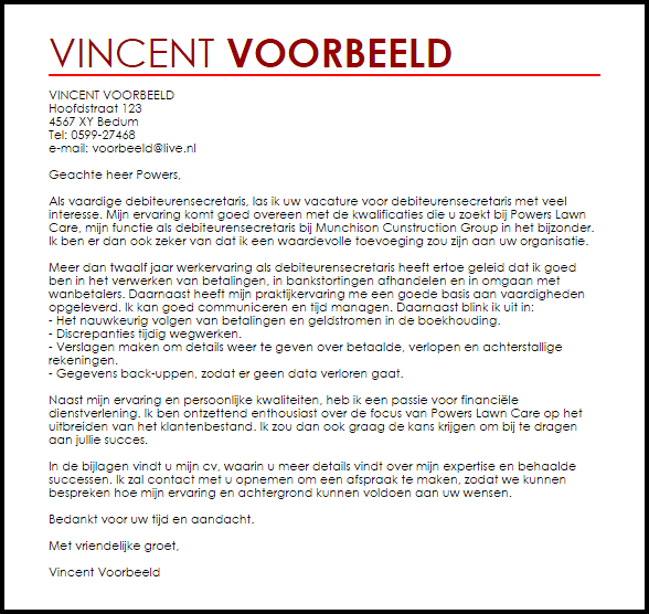 Voorbeeld Sollicitatiebrief Debiteurensecretaris Livecareer