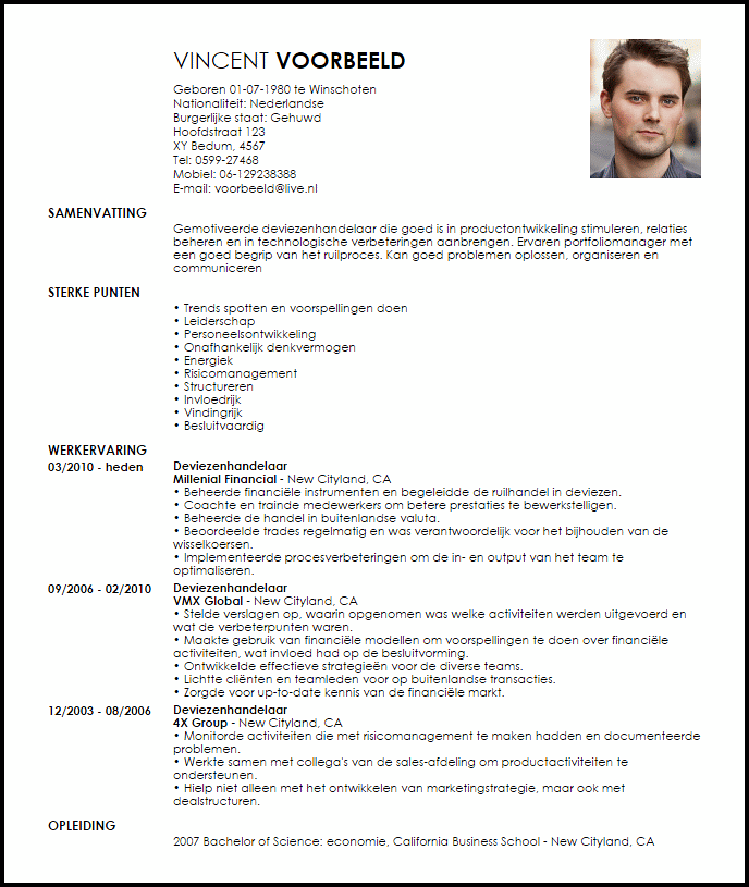 deviezenhandelaar voorbeeld cv