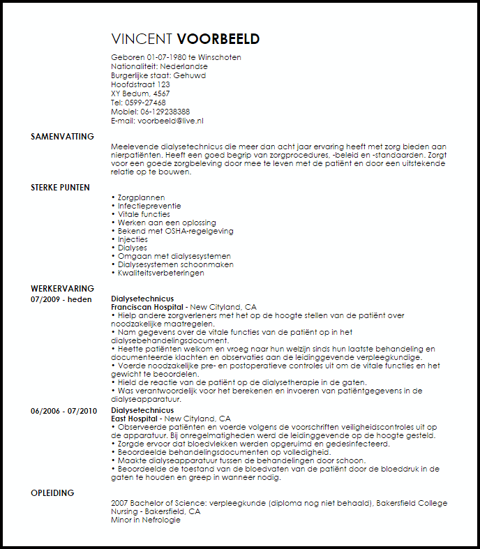 dialysetechnicus voorbeeld cv