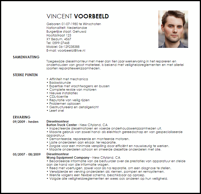 dieselmonteur voorbeeld cv