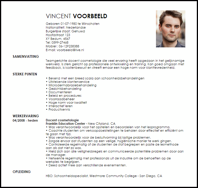 docent cosmetologie voorbeeld cv