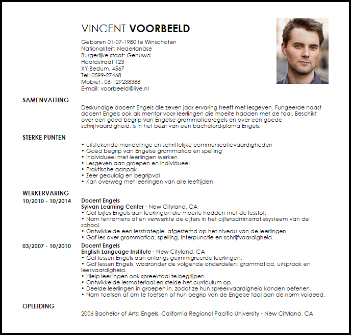 dukke bro bibliotek Voorbeeld CV Docent Engels | LiveCareer