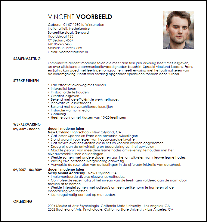 docent moderne talen voorbeeld cv