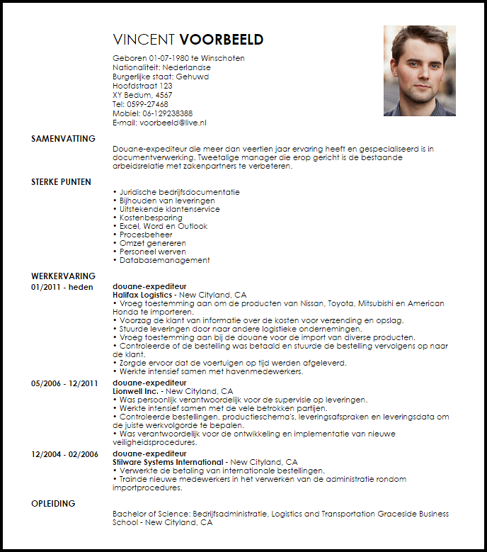 douane expediteur voorbeeld cv