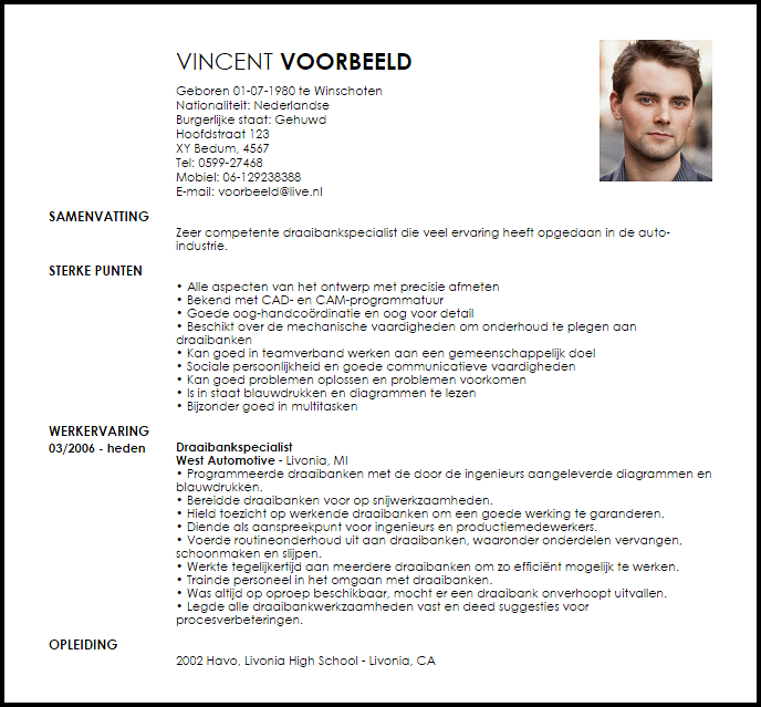 draaibankspecialist voorbeeld cv