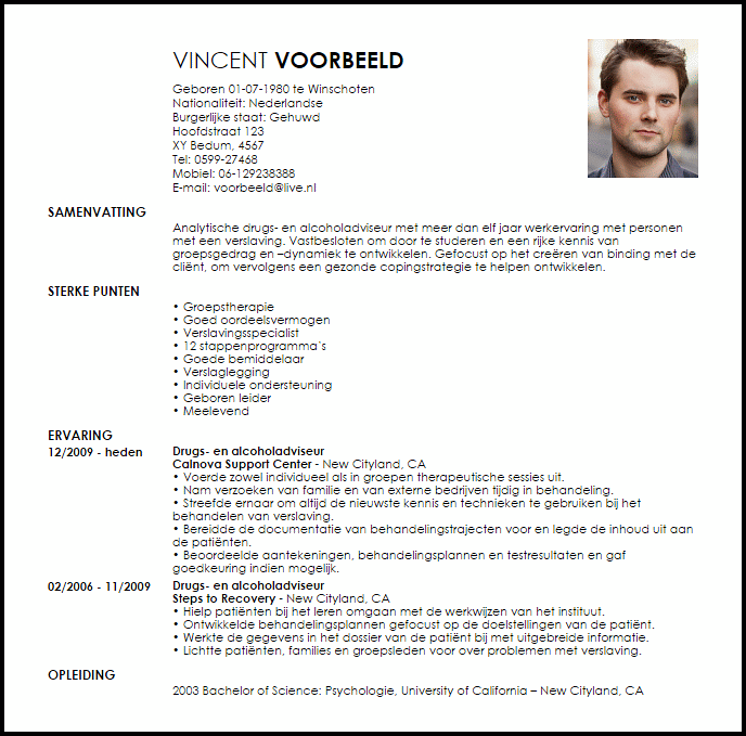 drug and alcohol counselor voorbeeld cv