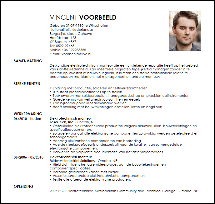 elektrotechnisch monteur voorbeeld cv