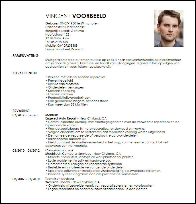 entry level mechanic voorbeeld cv