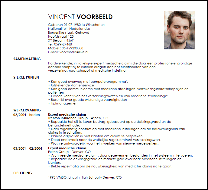 expert medische claims voorbeeld cv