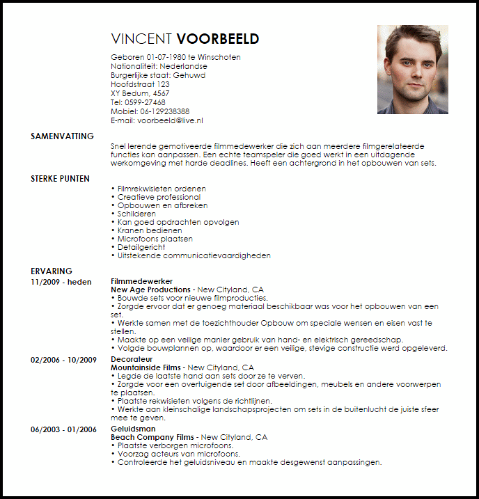 film crew member voorbeeld cv