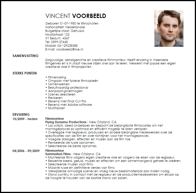 filmmonteur voorbeeld cv