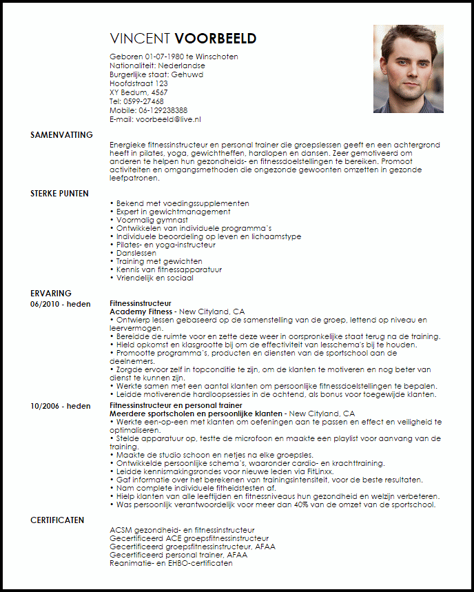 fitness and personal trainer voorbeeld cv