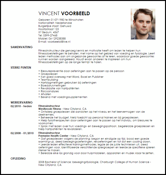 fitnessinstructeur voorbeeld cv