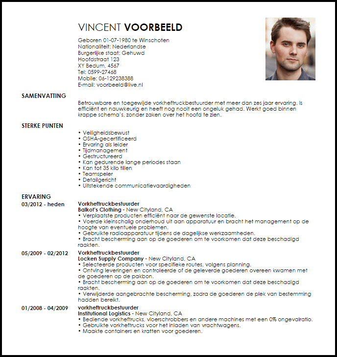 forklift operator voorbeeld cv