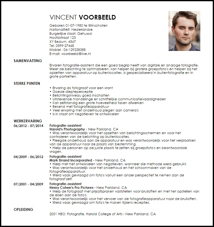 Aftrekken Vrijgevig pik Voorbeeld CV Fotografie Assistent | LiveCareer