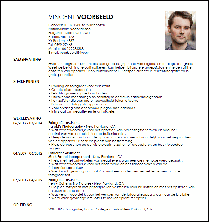 fotografie assistent voorbeeld cv