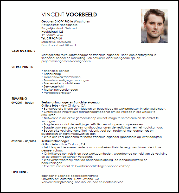 franchise owner voorbeeld cv