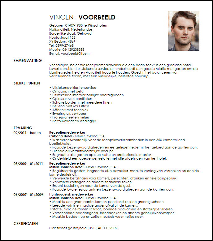 front desk clerk voorbeeld cv