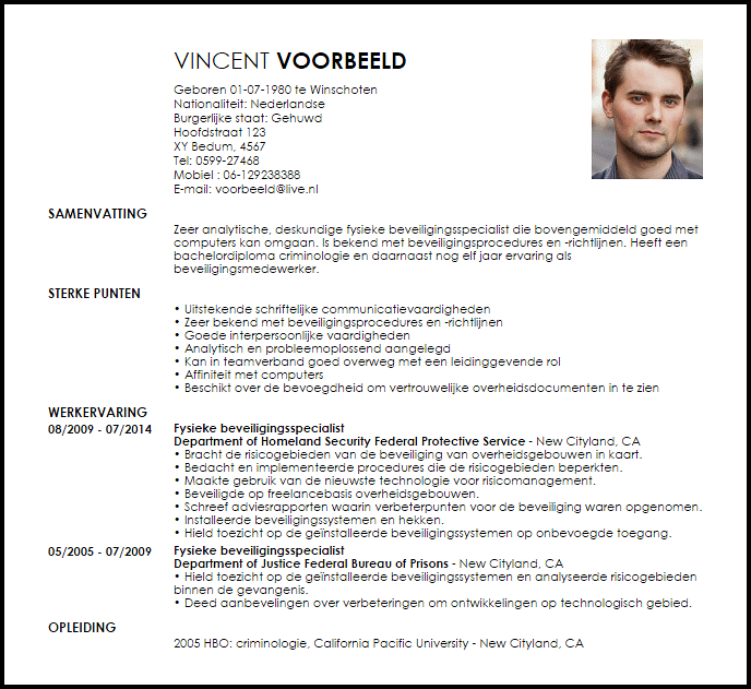 fysieke beveiligingsspecialist voorbeeld cv