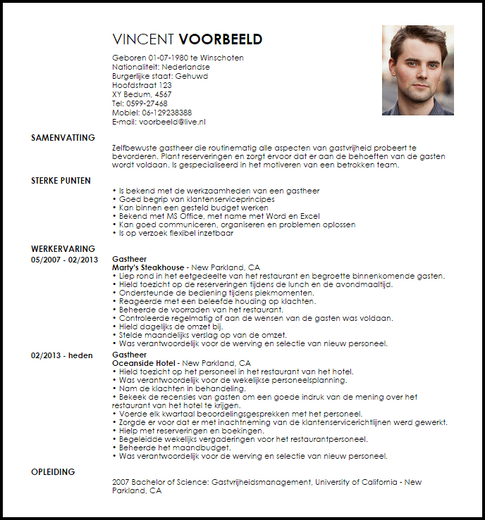 gastheer voorbeeld cv