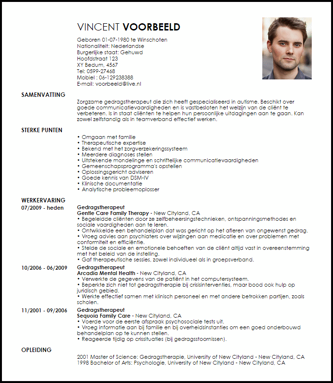 Voorbeeld Cv Gedragstherapeut Livecareer