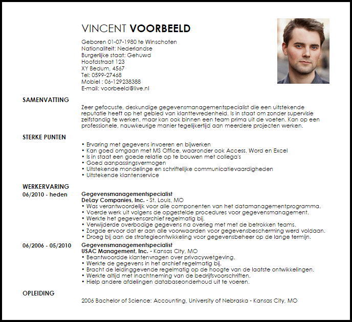 gegevensmanagementspecialist voorbeeld cv