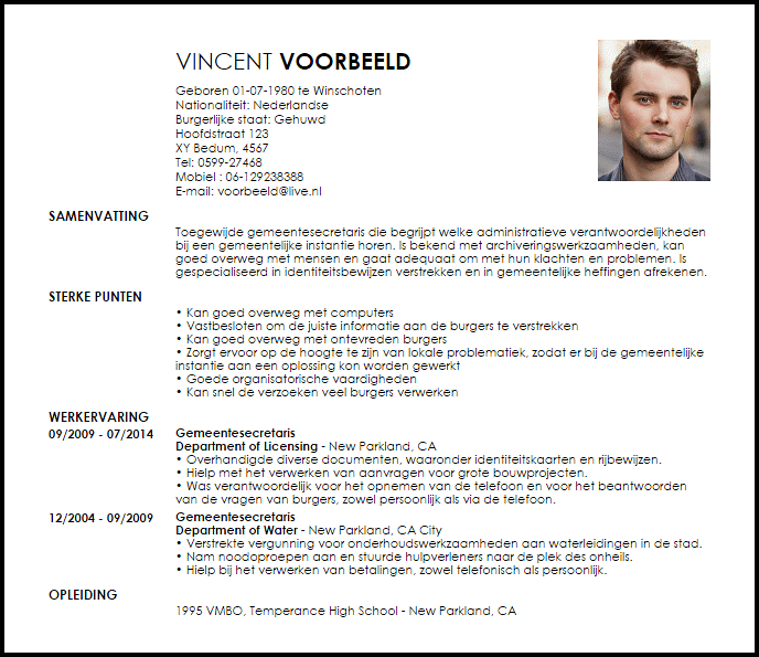 gemeentesecretaris voorbeeld cv