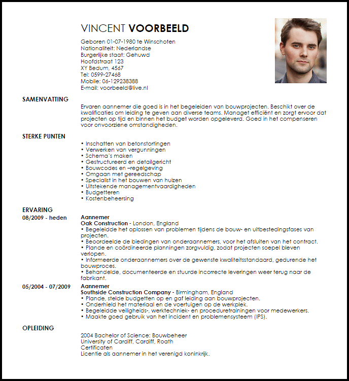 general contractor voorbeeld cv