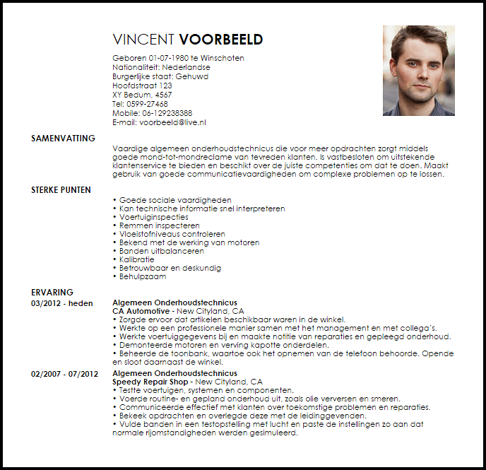 general maintenance technician voorbeeld cv