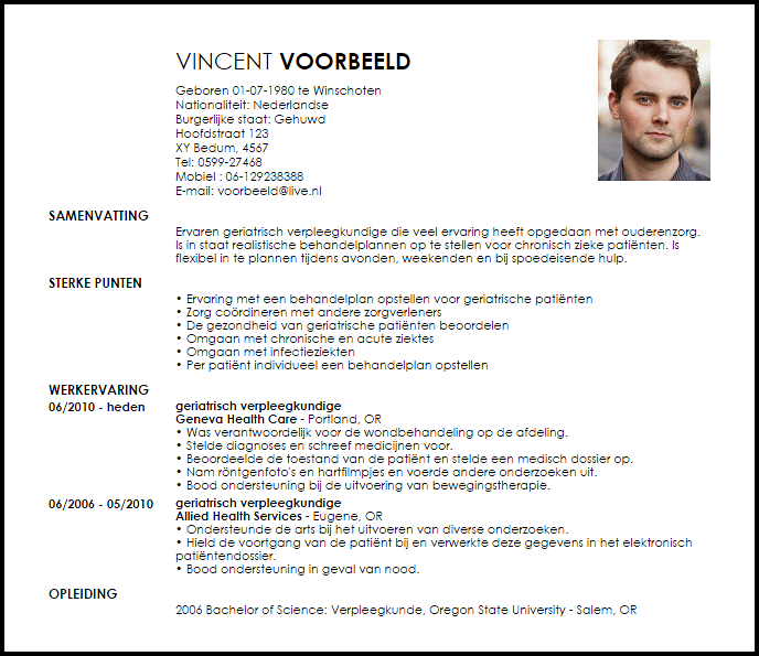 Voorbeeld Cv Geriatrisch Verpleegkundige Livecareer