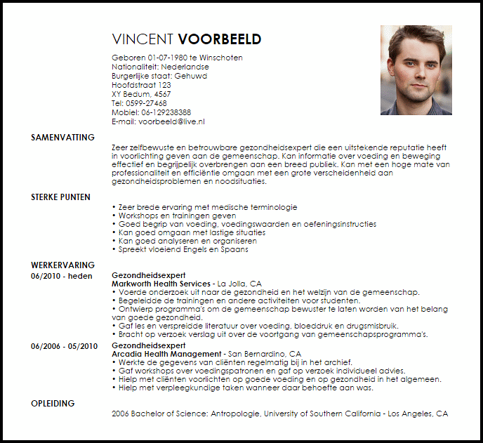 gezondheidsexpert voorbeeld cv