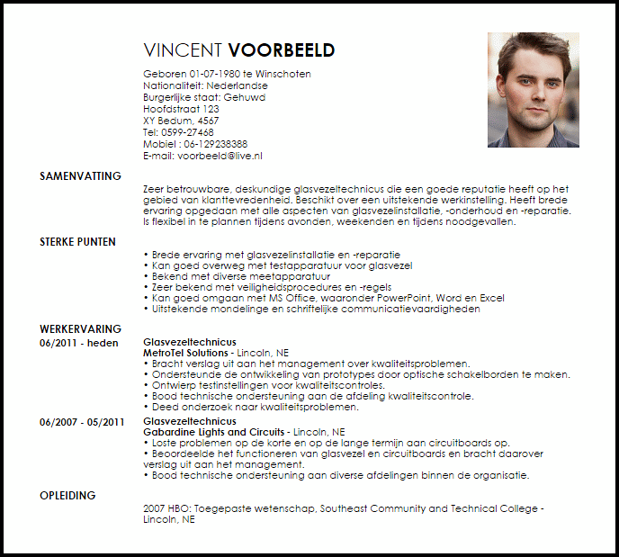 glasvezeltechnicus voorbeeld cv