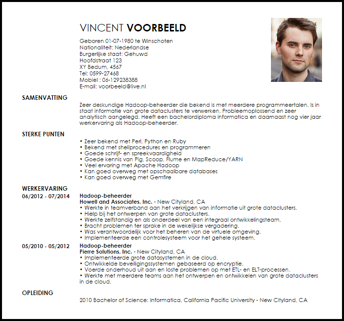 hadoop beheerder voorbeeld cv