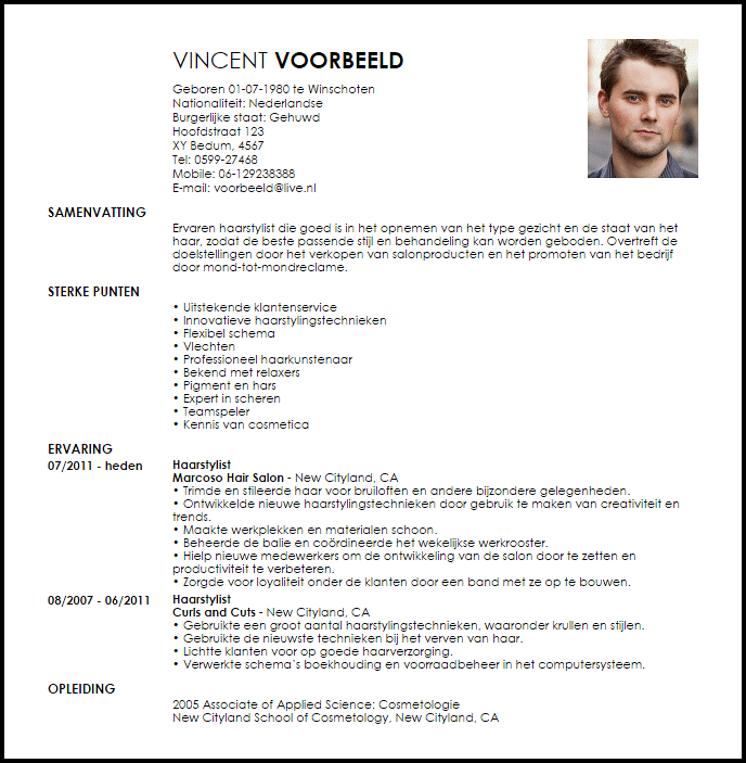 hair stylist voorbeeld cv